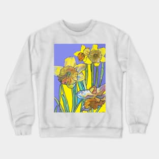 Abstract Yellow Daffodil Watercolor Pattern on Navy Blue Crewneck Sweatshirt